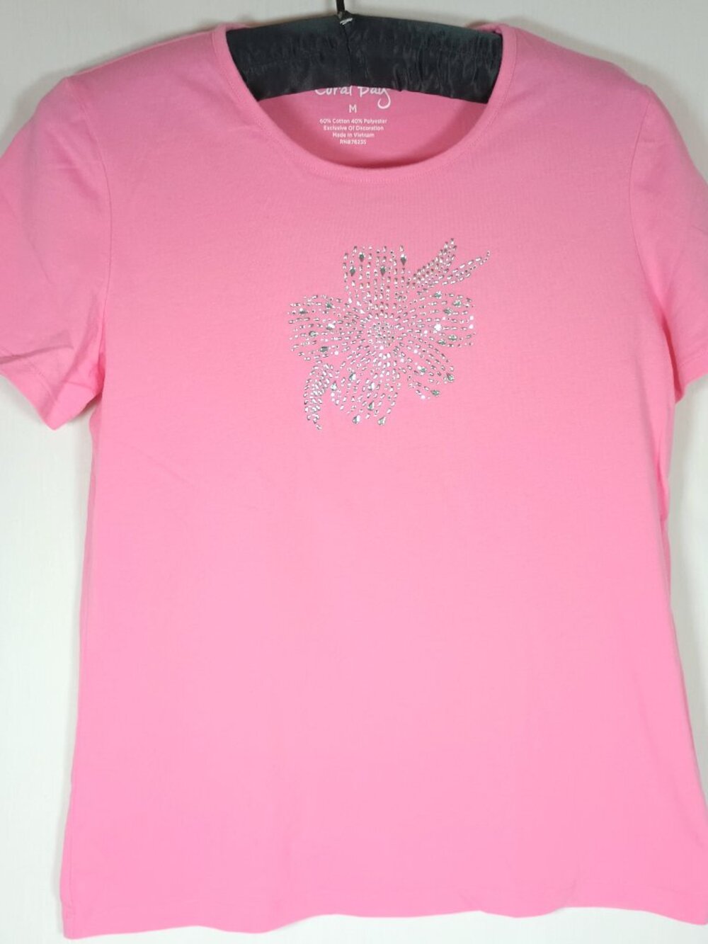 Coral Bay T Shirt, Pink with Silver Rhinestones Flower M